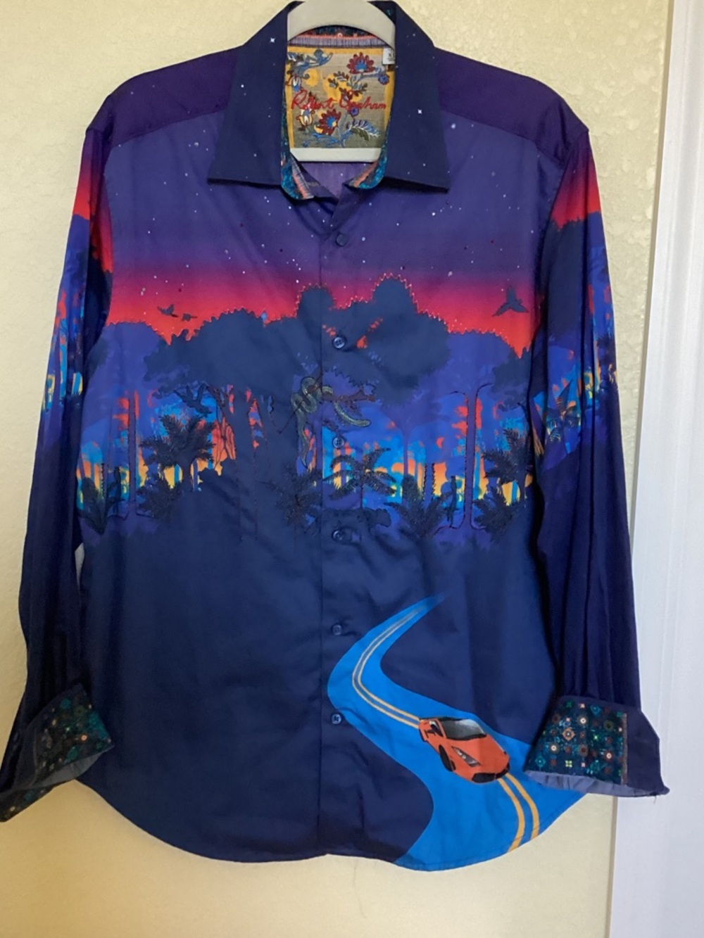 Robert Graham Navy Purple Multicolor Sunset Road Print Button-Down Shirt